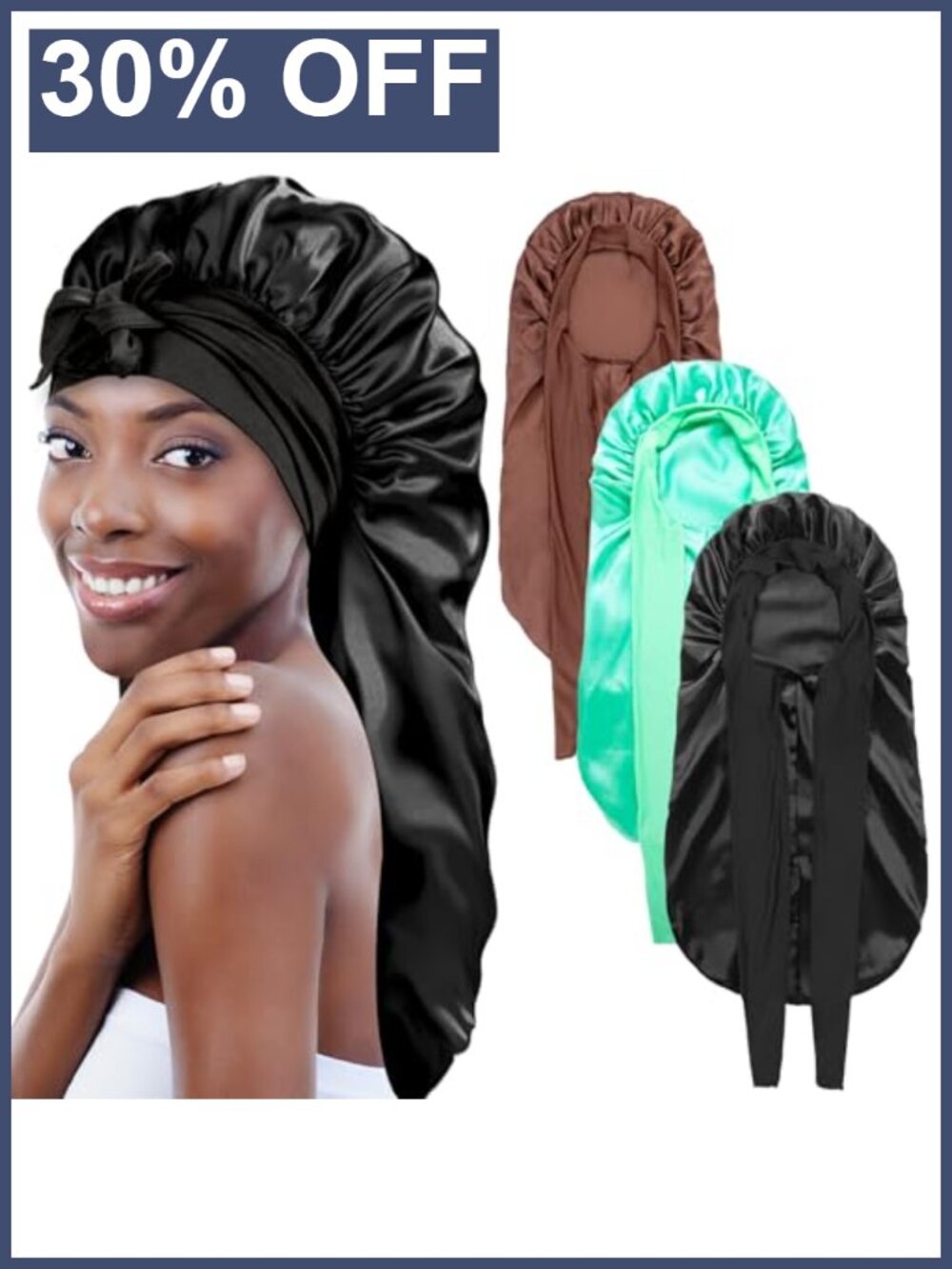 Satin Silk Bonnet Set with Stretchy Tie Band for Braids Long Curly Hair